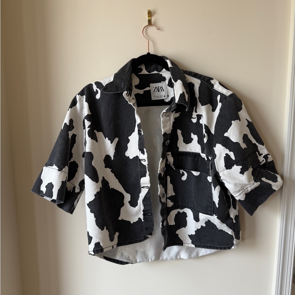 Zara Cow Print Cropped Denim Jacket